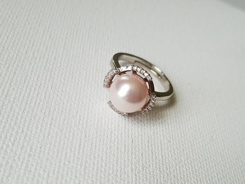 Wedding - Pink Pearl Silver Ring, Blush Pink Pearl Ring, Swarovski Rosaline Pearl Ring, Light Pink Pearl Rings, Pink Jewelry, Wedding Jewelry Gift