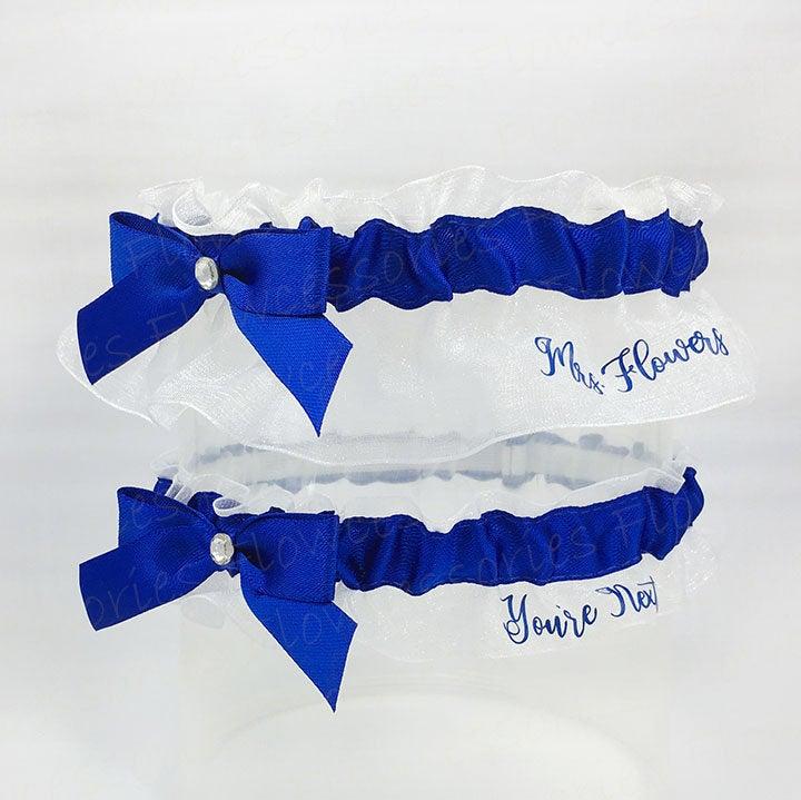 Hochzeit - Personalized handmade Royal Blue Bridal Wedding Garters - Personalize Keepsake - You're Next Toss or Nice Catch Toss - Garter Set