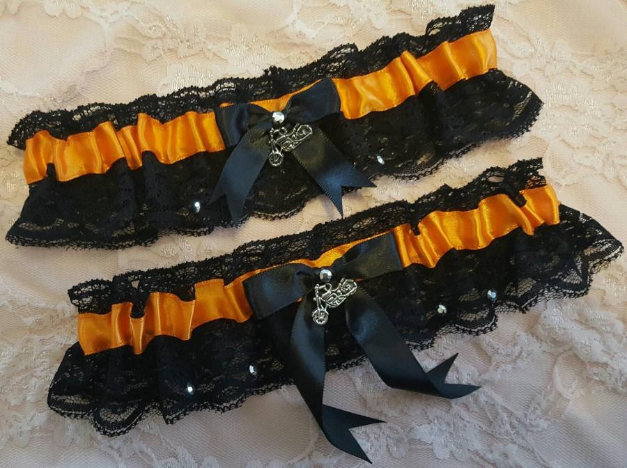 Hochzeit - Harley Davidson Inspired Biker Wedding Garter Belt Set w/ Black Lace & Studs