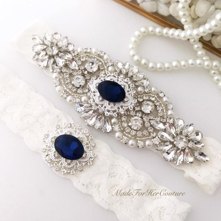 Hochzeit - Navy blue accented rhinestone wedding garter/bridal garter