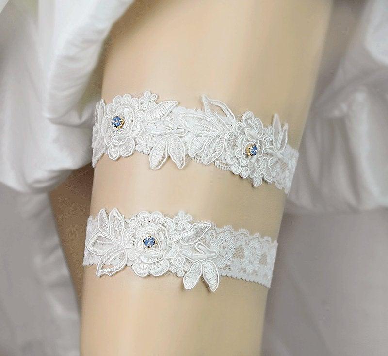 Wedding - Something Blue garter ,Light Ivory  Beaded Lace Wedding Garter Set ,Toss Garter ,Keepsake Garter,Handmade-GT047