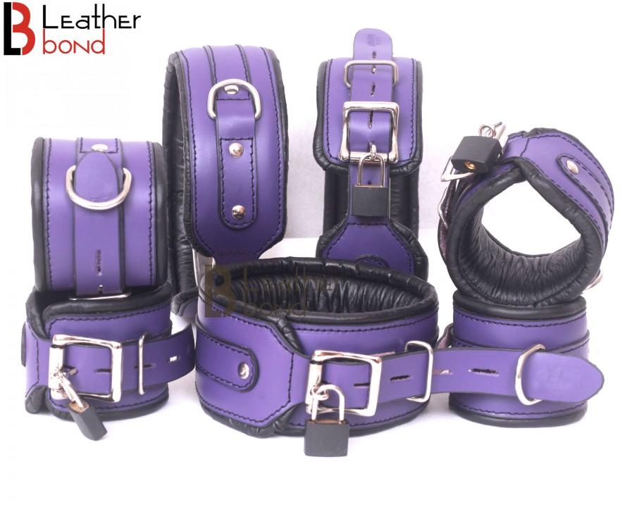 Wedding - Real Cow Leather Wrist, Ankle Thigh Cuffs Collar Restraint Bondage Set Purple Black 7 Piece Padded Cuffs