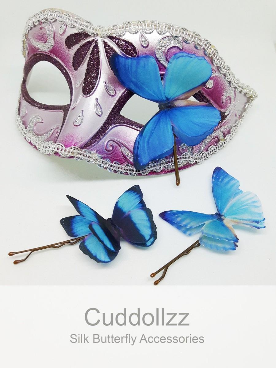 زفاف - Blue Morpho Set of 3 Hair Clips. Silk Butterfly Hair Slides.