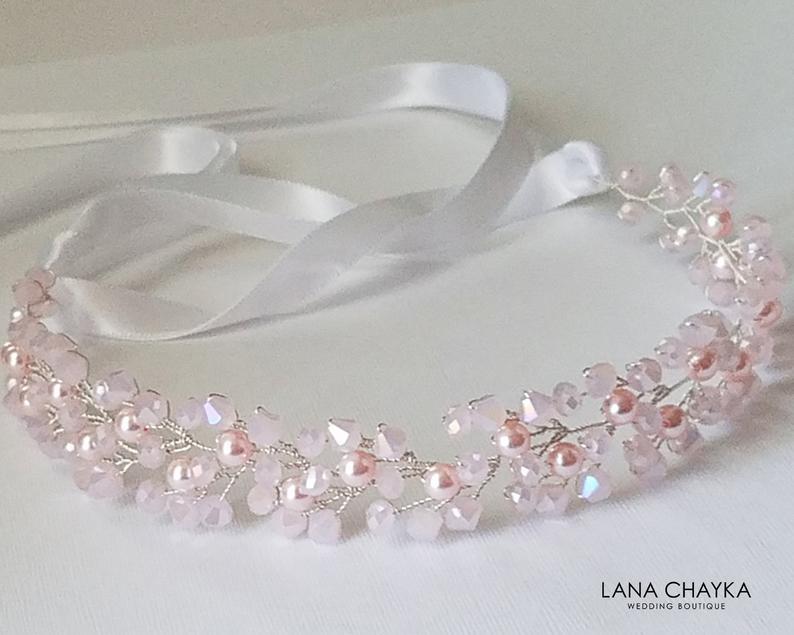 زفاف - Blush Pink Crystal Hair Vine, Wedding Light Pink Headpiece, Bridal Pink Crystal Pearl Hairpiece, Pink Bridal Wreath, Pink Hair Jewelry