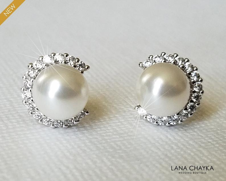 Wedding - White Pearl Halo Earrings, Swarovski Pearl CZ Earrings, Bridal Pearl Silver Earring Studs, Wedding Pearl Bridal Jewelry, Dainty Pearl Studs