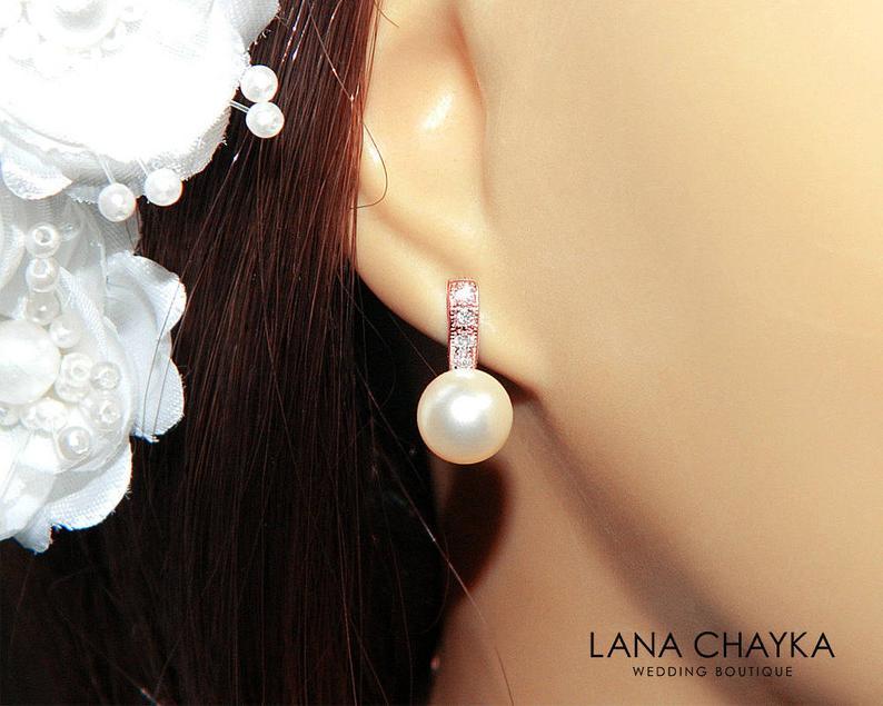 Hochzeit - Ivory Pearl Rose Gold Bridal Earrings Small Pearl CZ Stud Earring Swarovski 8mm Pearl Pink Gold Earrings Wedding Bridal Bridesmaid Jewelry