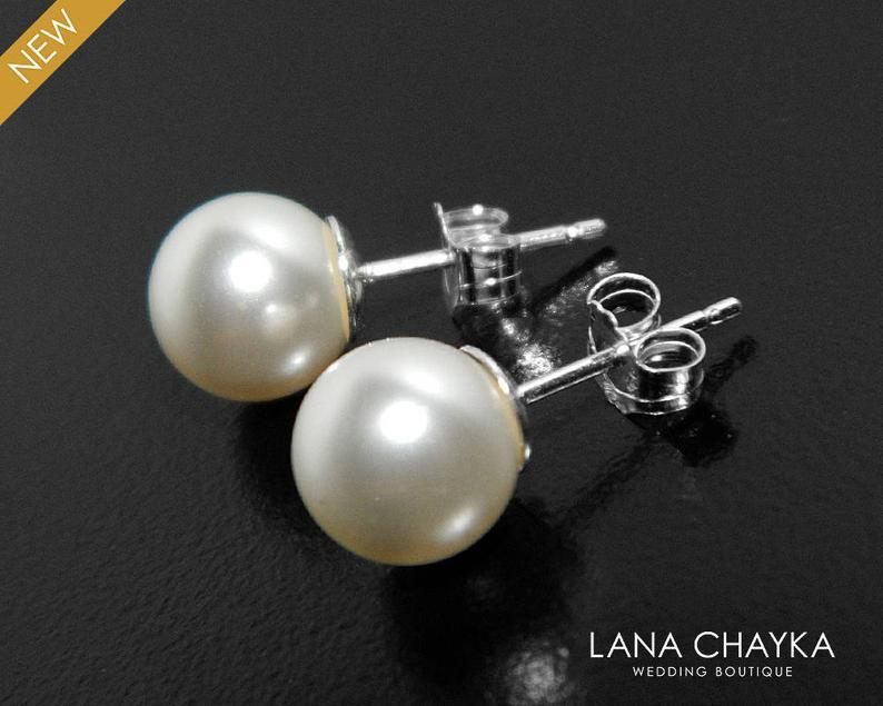 Mariage - Pearl Bridal Earrings, Swarovski White or Ivory Pearl Earrings, Wedding Sterling Silver Pearl Studs, Bridesmaids Jewelry, Bridal Party Gift