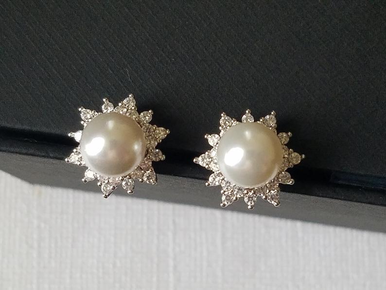 Hochzeit - Pearl Stud Bridal Earrings, Swarovski White Pearl Silver Earrings, Pearl Halo Earrings, Wedding Bridal Jewelry, Pearl Cubic Zirconia Studs