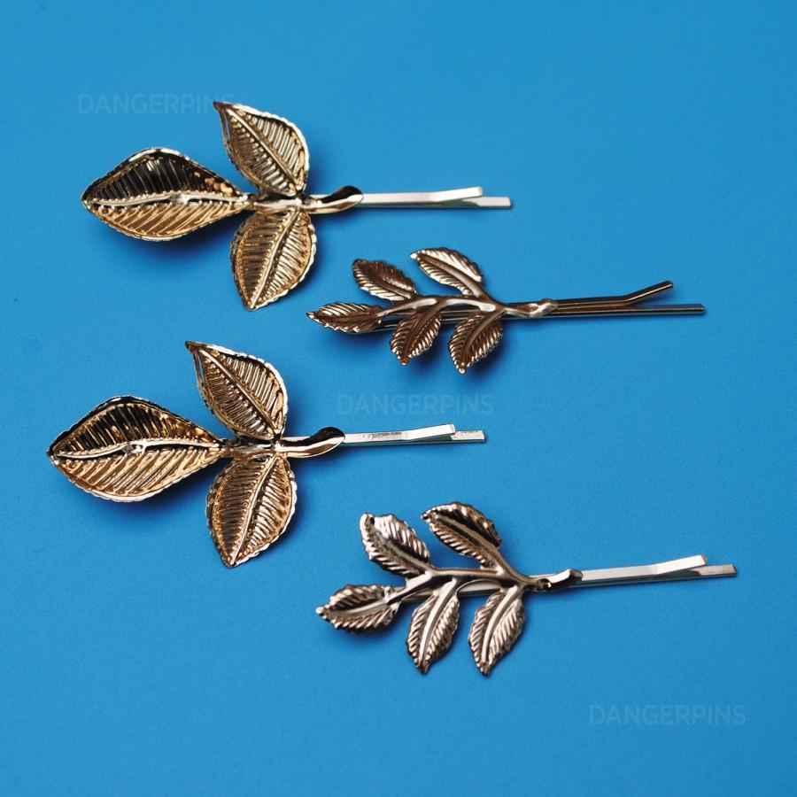 Mariage - Set of 4 leaf hair pins 2.5 inches - leaves gold metal- floral hippy cute alloy
