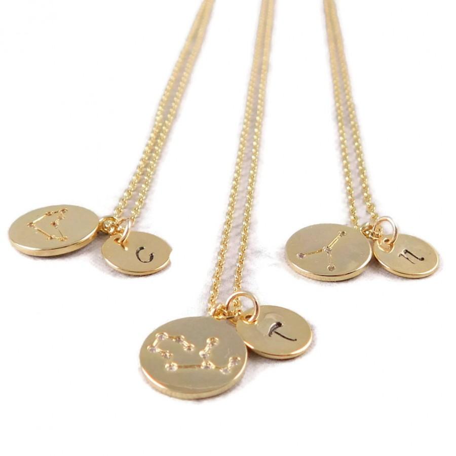 Wedding - Personalized Gold Zodiac Necklace, Star Sign Necklace, Horoscope Xmas Gift