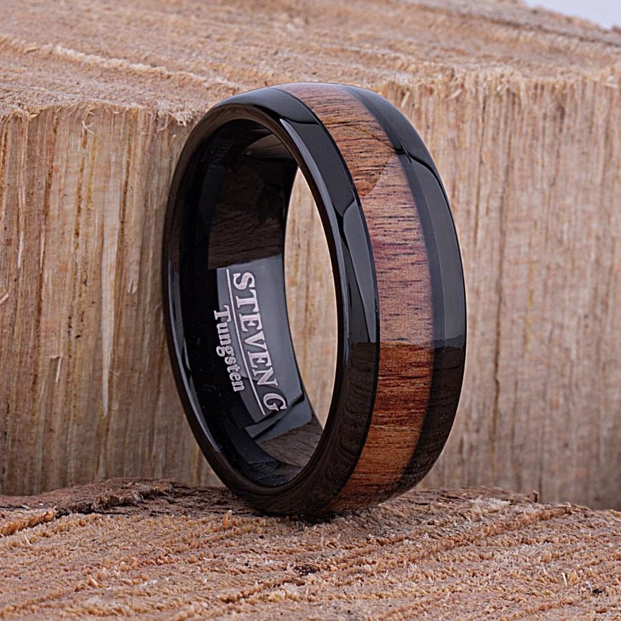 Hochzeit - Tungsten Mens Wedding Ring or Mens Engagement Band 8mm with Koa Wood Inlay and Black Plating, Gift For Boyfriend, Promise Ring, Wedding Band