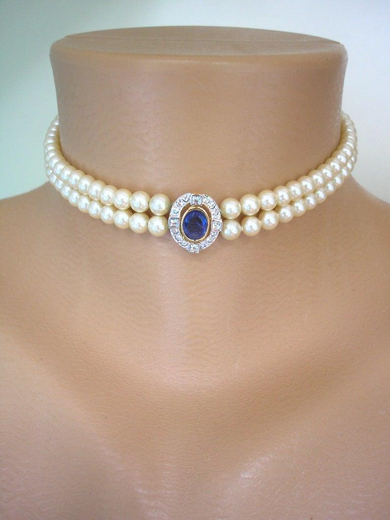 Hochzeit - Vintage Pearl Choker Necklace, Montana Sapphire Rhinestone Pendant, Attwood & Sawyer