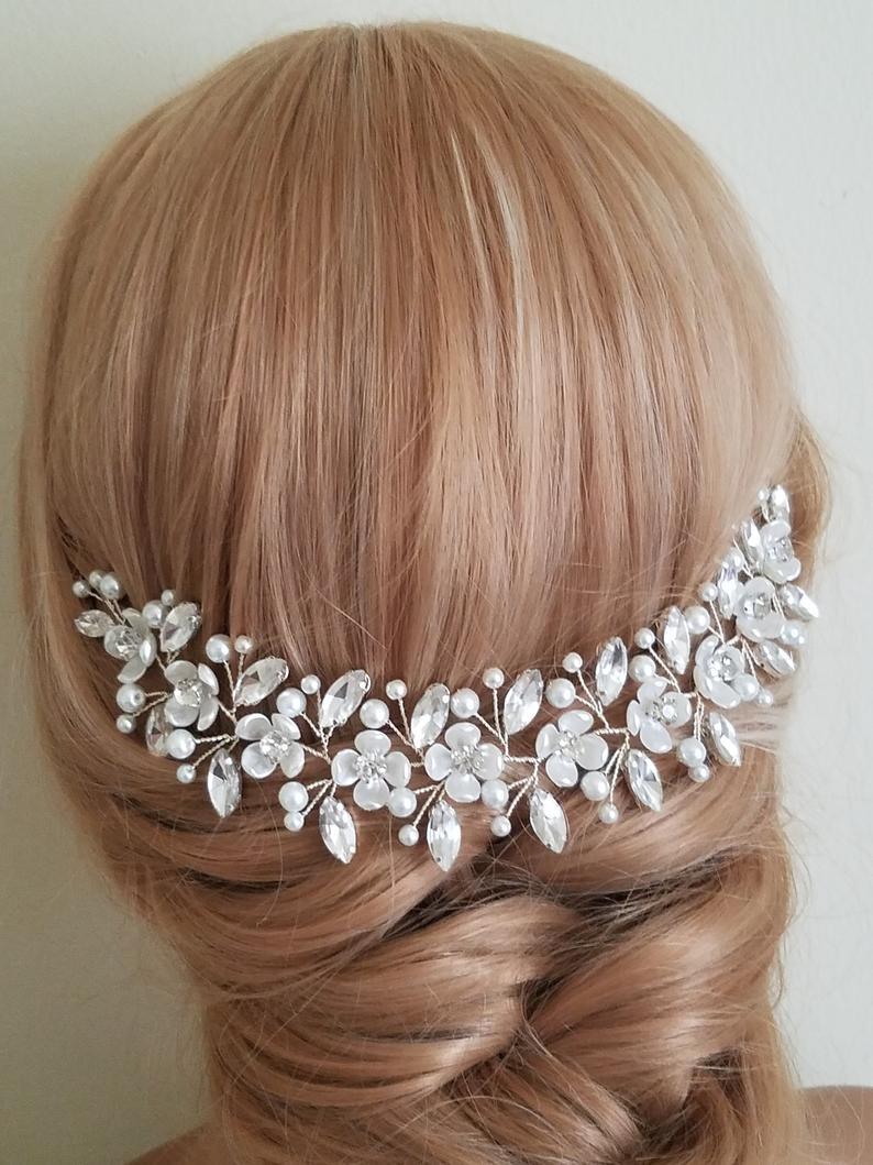 زفاف - Bridal Hair Piece, Wedding Pearl Crystal Headpiece, White Pearl Rhinestone Hairpiece, Pearl Crystal Floral Hair Piece, Pearl Crystal Vine
