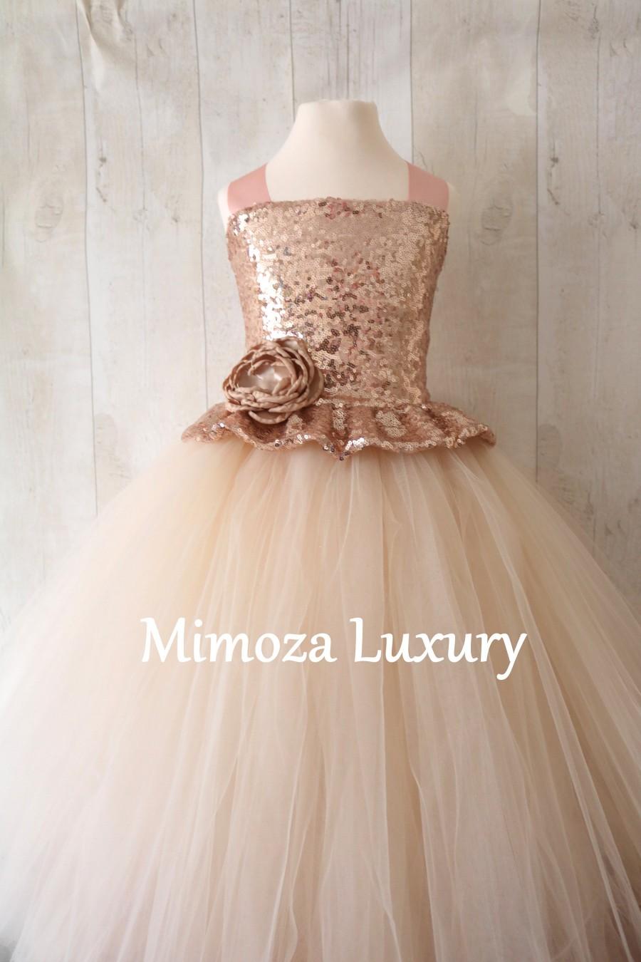 Mariage - Champagne Flower Girl Dress, rose gold bridesmaid dress, couture flower girl gown, bespoke girls dress, tulle princess dress, rose gold tutu