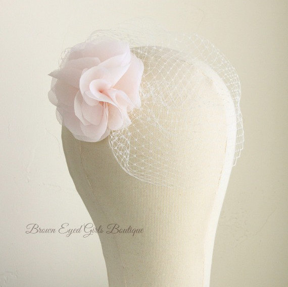 زفاف - Bridal Birdcage Veil with Blush Chiffon Flower - Ashley