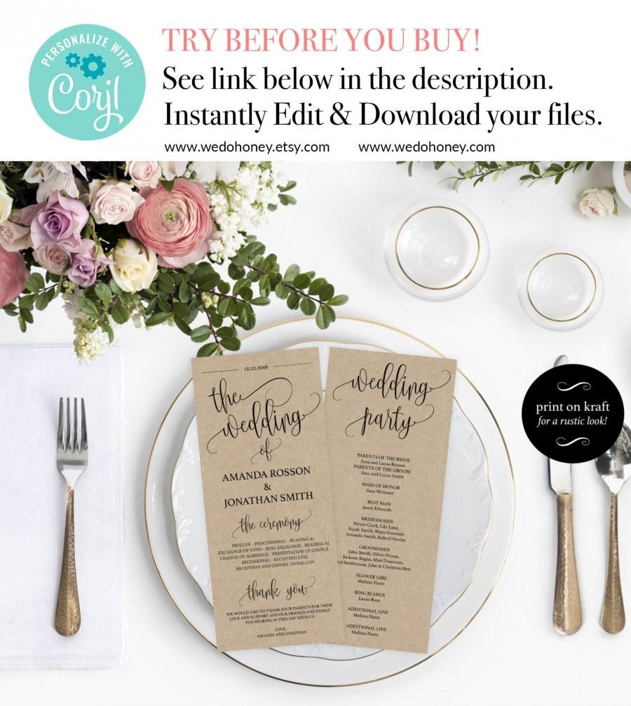 Wedding - Wedding Program Printable Template - Printable Wedding Program - Wedding printable - Editable Program 4X9.25 Downloadable wedding #WDH301_11
