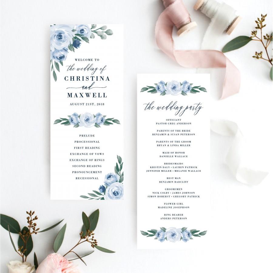 Hochzeit - Wedding Programs Template, Wedding Program, Colors and Text Fully Editable, Dusty Blue Floral and Navy, Edit with Templett, 118
