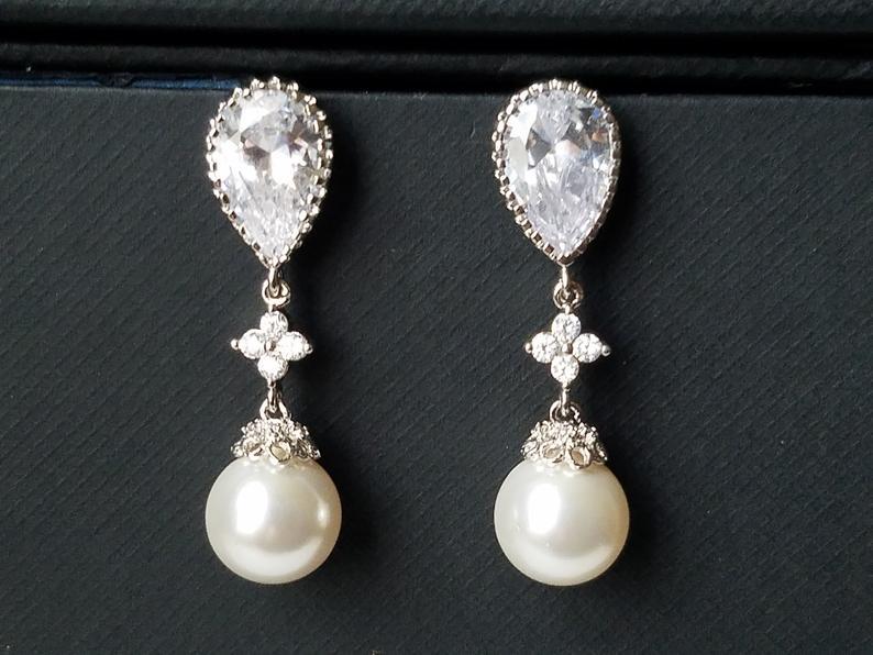 Hochzeit - Pearl Bridal Earrings, Swarovski White Pearl Earrings, Pearl Silver CZ Wedding Earrings, Bridesmaids Pearl Jewelry, Pearl Dangle Earrings