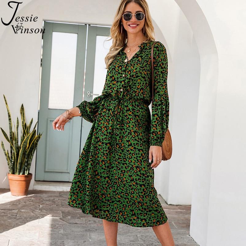 زفاف - Jessie Vinson Vintage Leopard Print Midi Dress Women Casual Long Sleeve Stand Collar Tunic Long Dress Robe Femme Vestidos Autumn