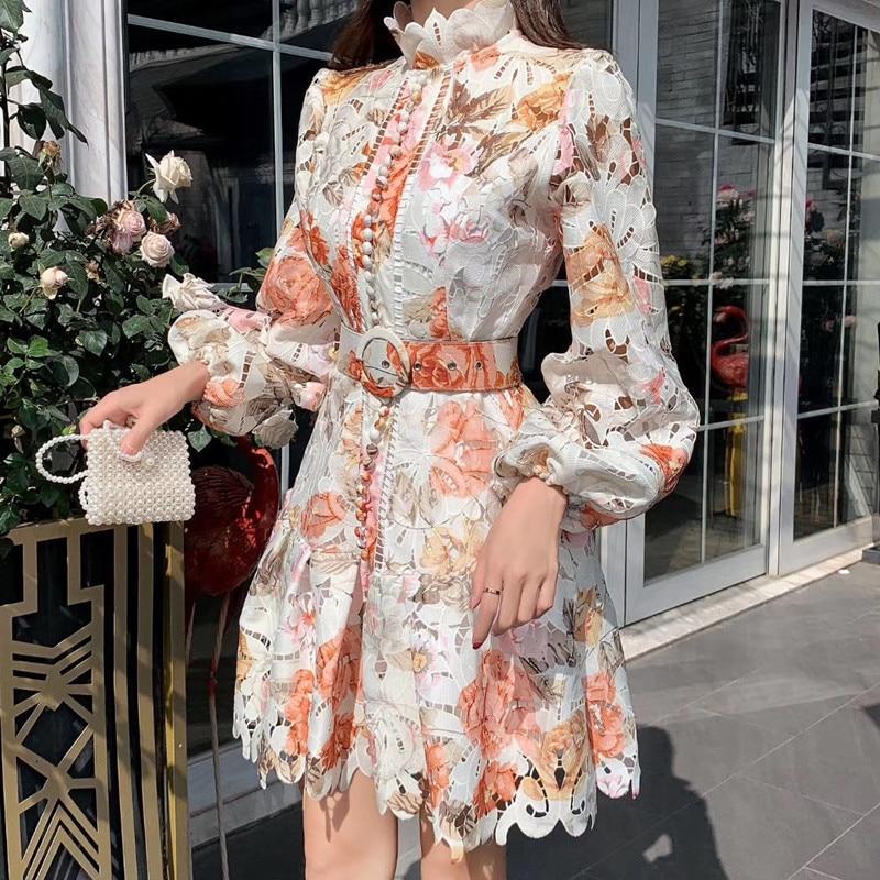 Wedding - Floral Embroidery Hollow Out Lace Dress 2020 Women Ruffles Stand Collar Long Sleeve Dress 2020 Lantern Sleeve Single-Breasted Sashes Mermaid Mini Dress 2020