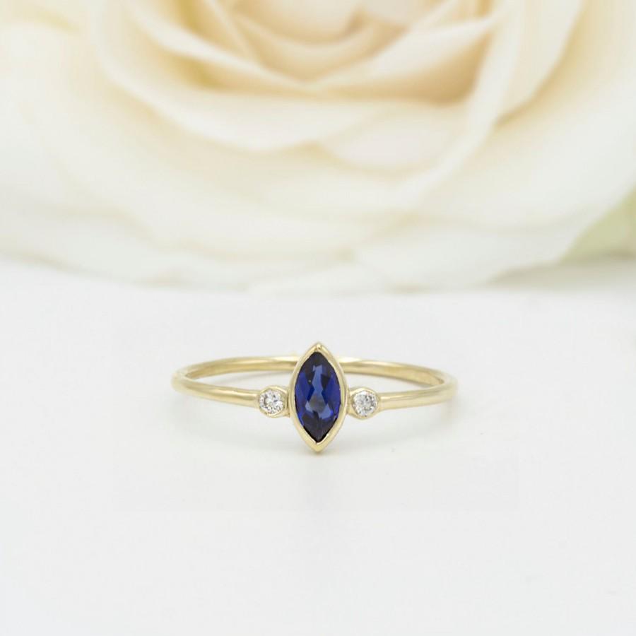 Wedding - Unique Marquise blue Sapphire ring, set with 2 diamonds in Gold, Blue gemstone, stacking ring, gift, medium blue