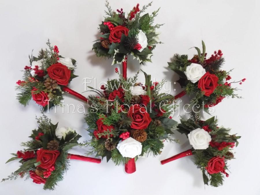 Wedding - Christmas Wedding Bouquet/ Woodland Winter Wedding, Christmas flowers, Red White Roses, Holly, pine cone, Red Berries, Christmas Bouquet