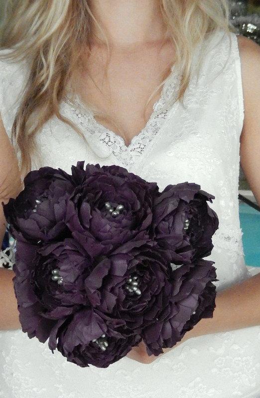 Hochzeit - Paper Peony Wedding Bouquet - Eggplant Wedding Flowers - Aubergine Bridal Bouquet - Peony Bouquet -  Paper Peonies - Custom Colors Available