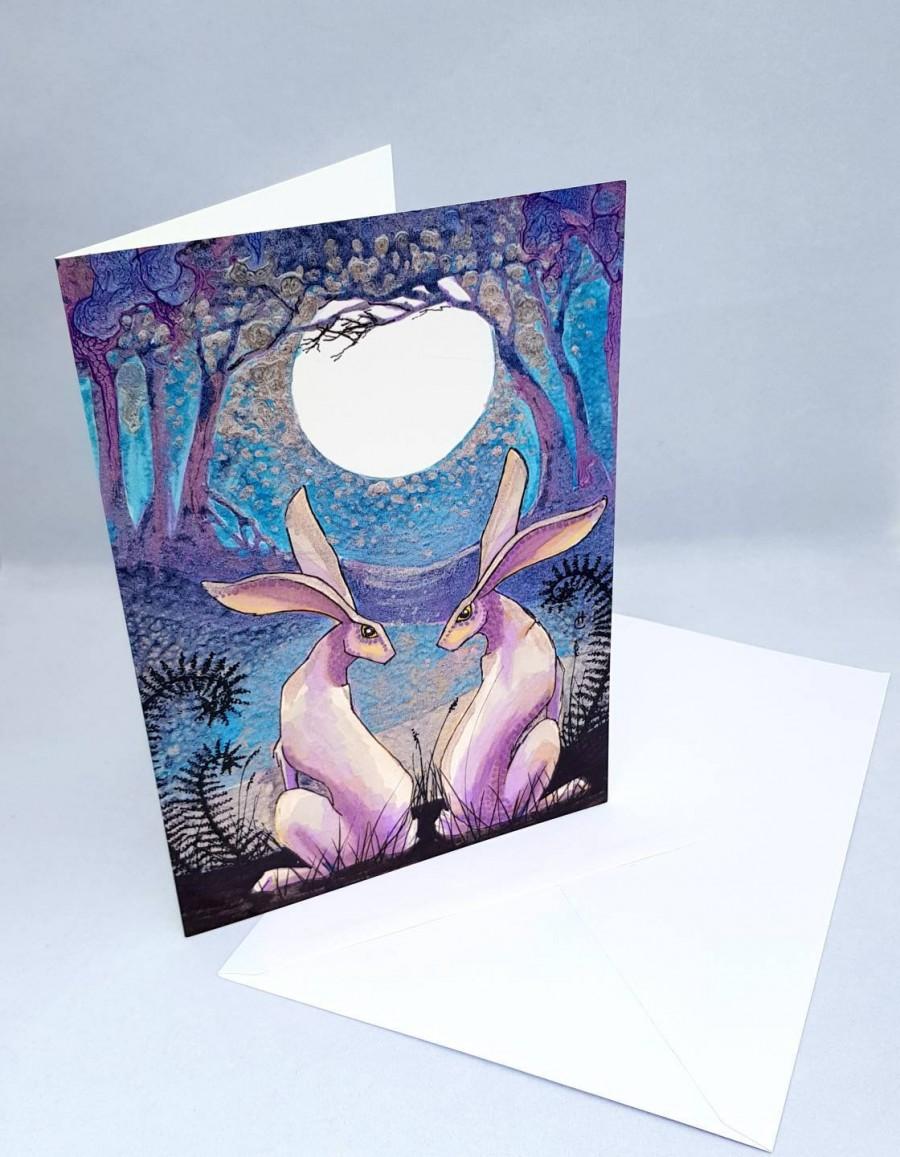 زفاف - The Lovers Hare greetings card, blank inside, moon gazing hare design, ideal for wedding, civil partnership, engagement, woodland art