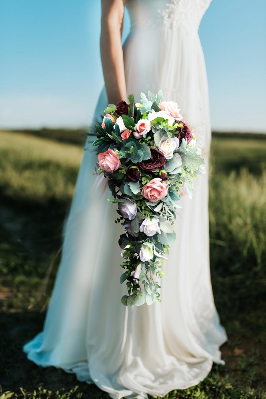 زفاف - Burgundy + Dusty Pink + Blush Roses Eucalyptus Bridal Bouquet 