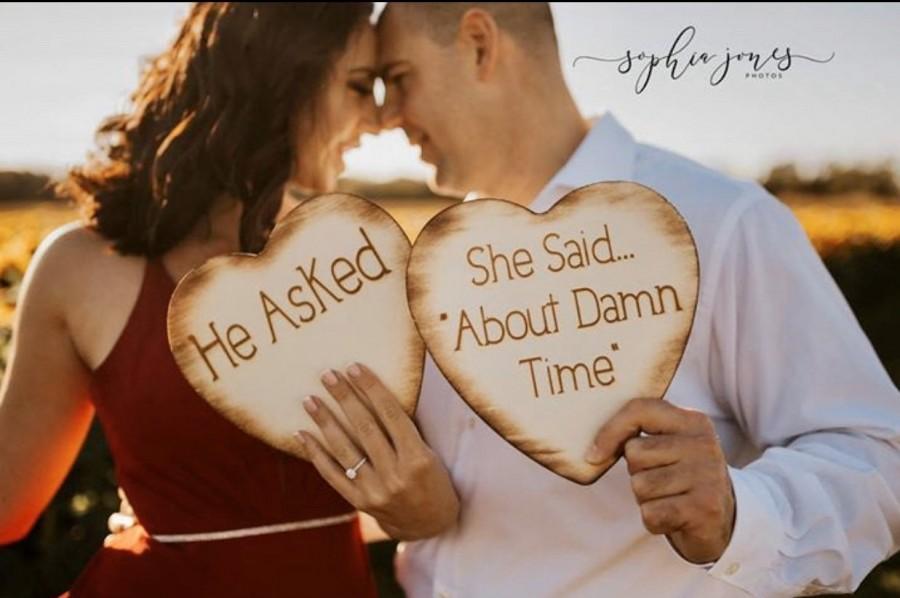 Mariage - He Asked She Said About Damn Time Wood Hearts Set of 2 Photo Props, Engagement Photos He Asked She Said About Damn Time Photoprop