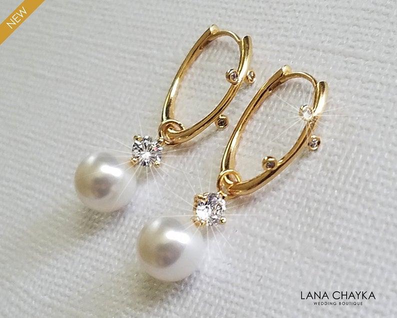 Mariage - Pearl Gold Bridal Earrings