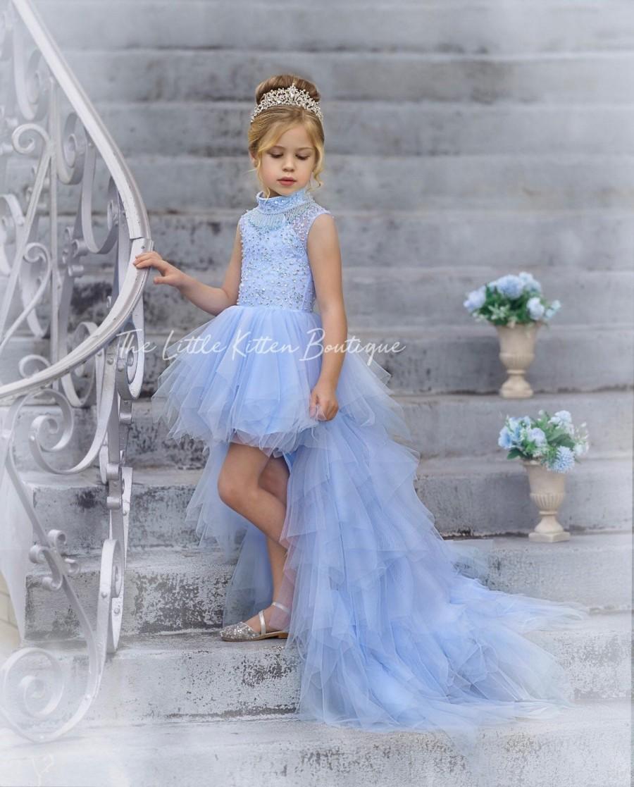 Mariage - tulle flower girl dress, lace flower girl dresses, pageant dress, blue flower girl dress with train, beaded girls party dress, Ball gown