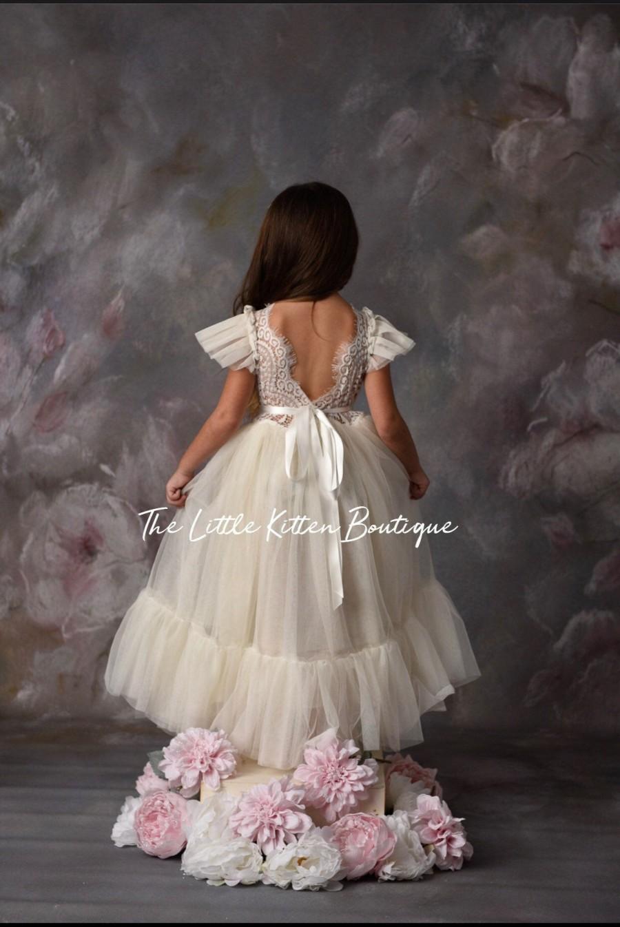 Wedding - tulle flower girl dress, rustic lace flower girl dresses, beach flower girl dress, boho flower girl dress, ivory flower girl dress, bohemian