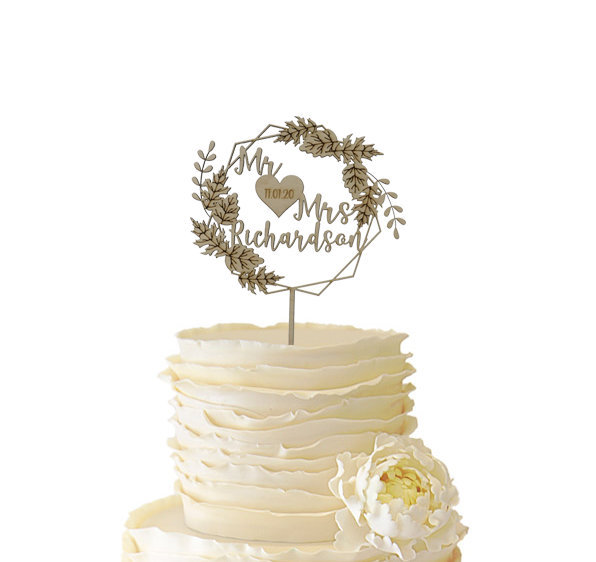 زفاف - Geometric Frame Fall Leaves Cake Topper Personalized w/ Last Name and Date - Bride and Groom - Baltic Birch Wood - Wedding Cake Topper - 265