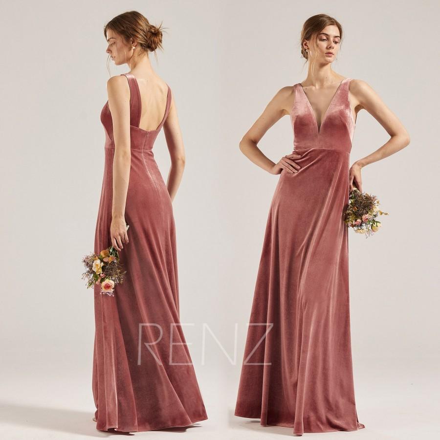 Hochzeit - Bridesmaid Dress Dusty Rose Velvet Dresses for Women V Neck Open Back Fitted Velvet Wedding Dress Illusion A-line Long Formal Dress (RV008)