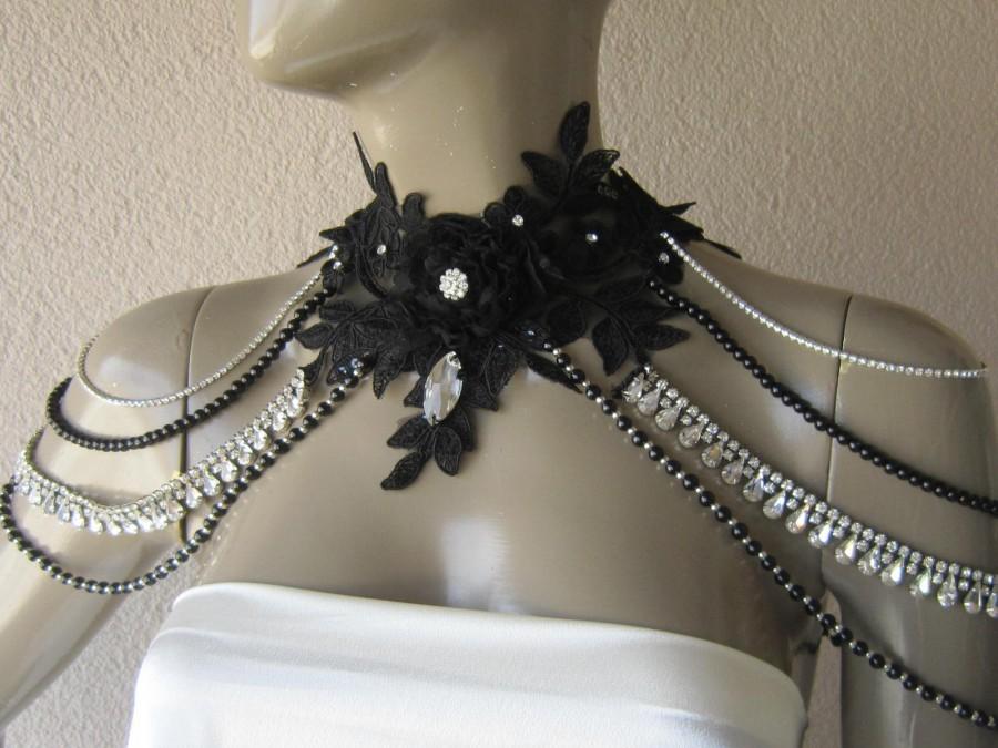 زفاف - Black Lace Wedding Shoulder, Necklaces Jewelry, Wedding Dress, Bridal Epaulettes, crystal shoulder, black pearl  gothic shoulder necklaces