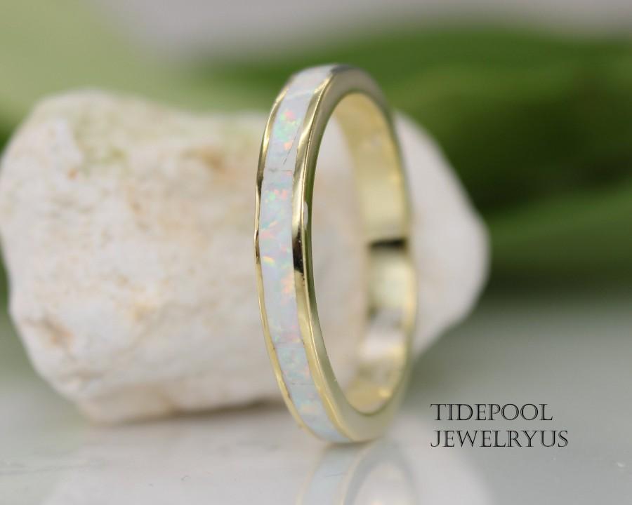 زفاف - Eternity White Opal Band Sterling Silver Gold Plated Ring, White Fire Opal Thumb Ring, Opal Band, Anniversary Ring, Gift for Her, mother