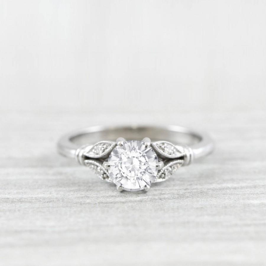 زفاف - White sapphire and diamond round engagement solitaire nature inspired leaf floral ring in gold handmade for her UK