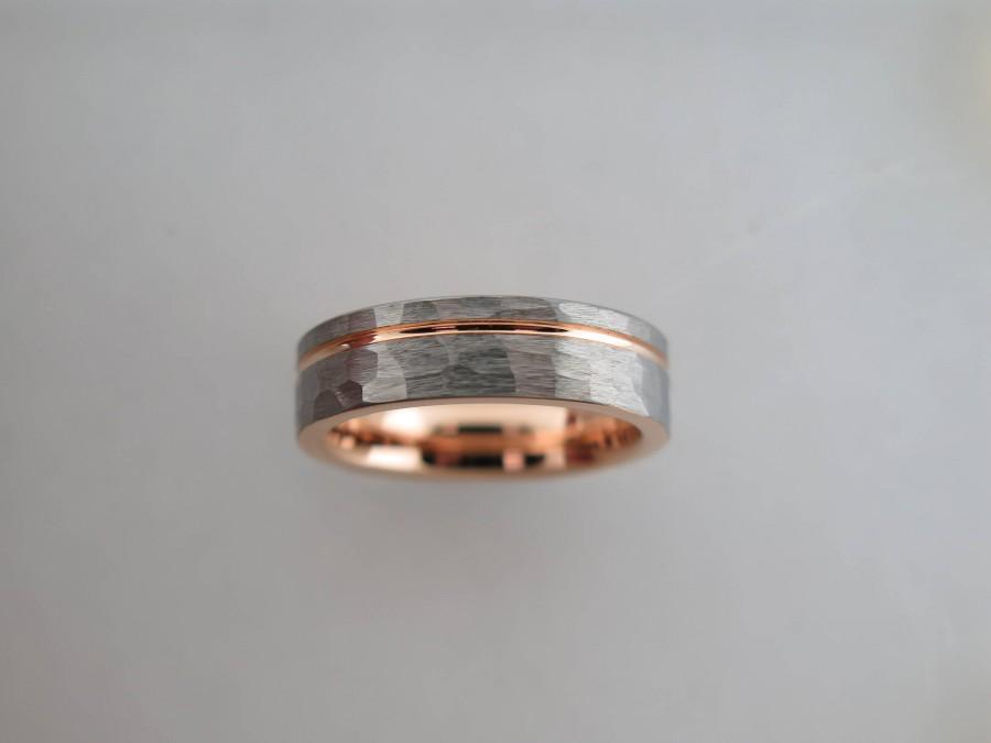 زفاف - 6mm Hammered Brushed Silver* Tungsten Carbide Unisex Band With Rose Gold* Interior & Stripe, Brushed Finish Mens ,Tungsten Ring,Wedding Band