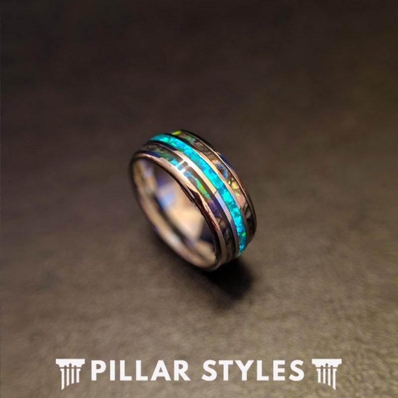 زفاف - Abalone Ring with Green Opal Wedding Band  Mens Ring - Silver Opal Ring Mens Wedding Band Tungsten Ring Abalone Shell Ring Unique Mens Ring