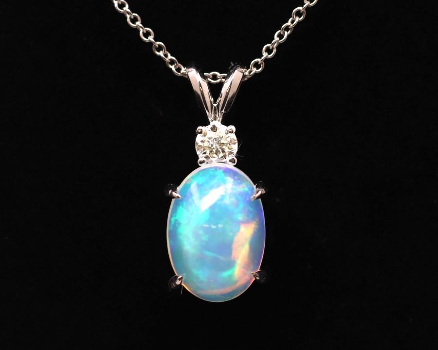 Wedding - Natural Opal Necklace/14K Solid gold Oval Shaped Opal Necklace/Authentic Opal with one diamond accented Women's Necklace/Mother's day gift