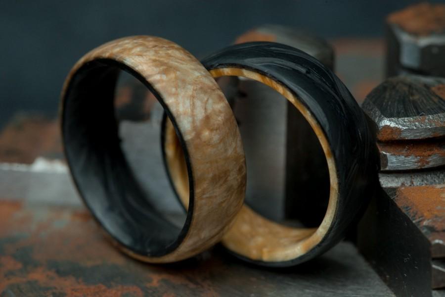 Hochzeit - Black Ash Burl With Forged Carbon Fiber Rustic Mens Wedding Band, Handmade By Carbon District