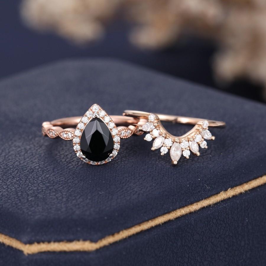 Wedding - 2PCS Pear shaped Black Onyx engagement ring set diamond Rose Gold Halo marquise cut Curved Moissanite Wedding women Anniversary gift for her
