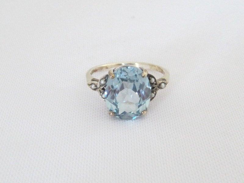 Wedding - Vintage Sterling Silver Aquamarine & Seed Pearl Ring Size 6