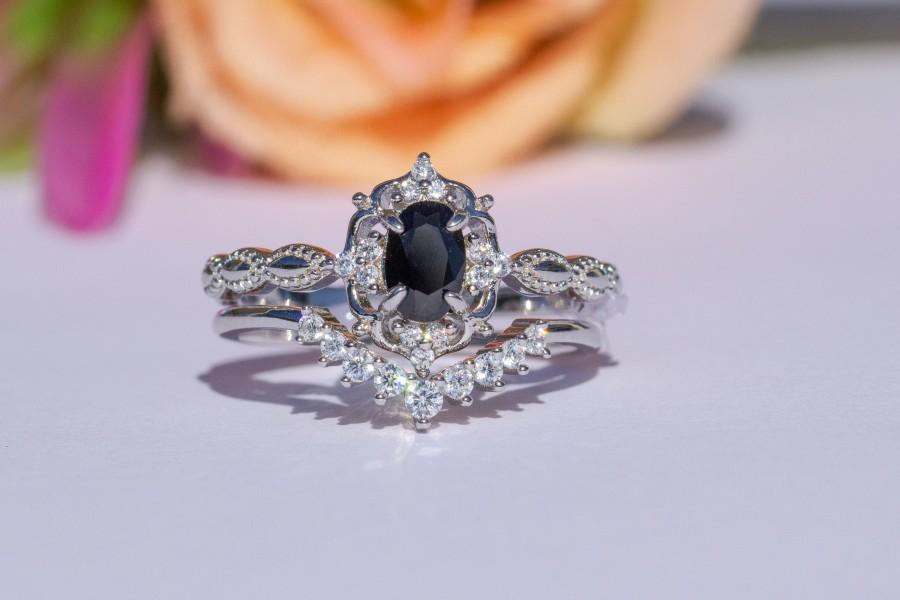 زفاف - Art Deco Black Diamond Ring Set ,Vintage,Engagement Ring, Sterling Silver, Gothic Ring, Birthday Present, Anniversary, Gift For Her
