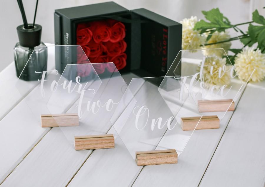 Wedding - Acrylic Table Numbers with stand, Hexagon Table Numbers, Wedding Table Numbers, Wedding Table Decor, Clear Table Numbers