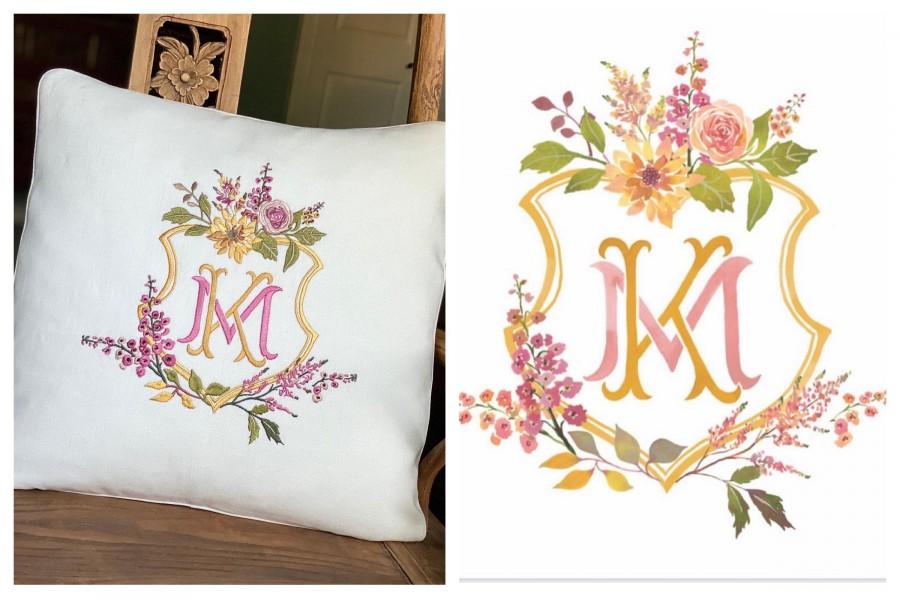 Mariage - Watercolor Wedding Crest or Logo turned into embroidery, embroidered wedding logo, monogrammed wedding pillow