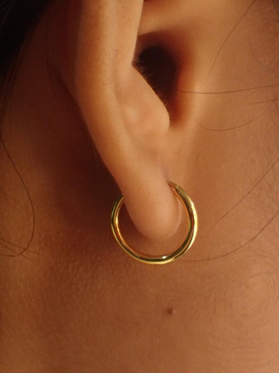 زفاف - 14k Solid Gold Thin Endless Hoops / 10mm Minimalist Hoop Earrings / Bridesmaid Gift / Huggie Hoops / Gift for Her