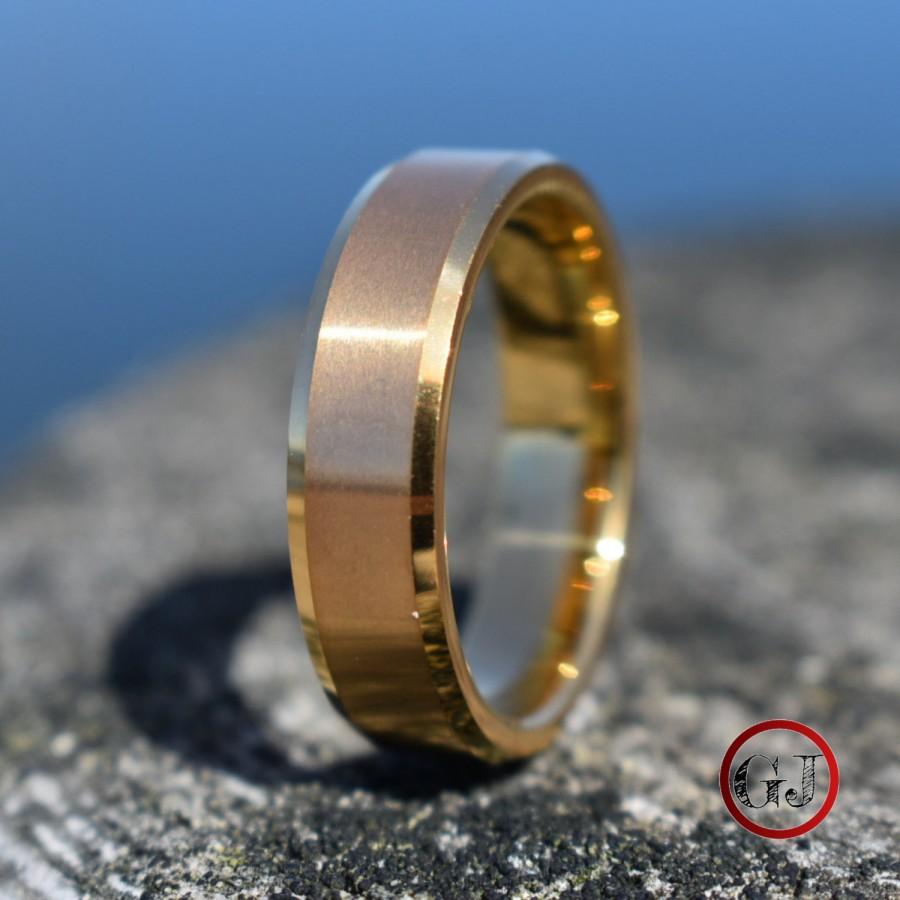 زفاف - Tungsten Ring Brushed Gold with Bevelled Edges and Comfort fit band, Mens Ring, Mens Wedding Band