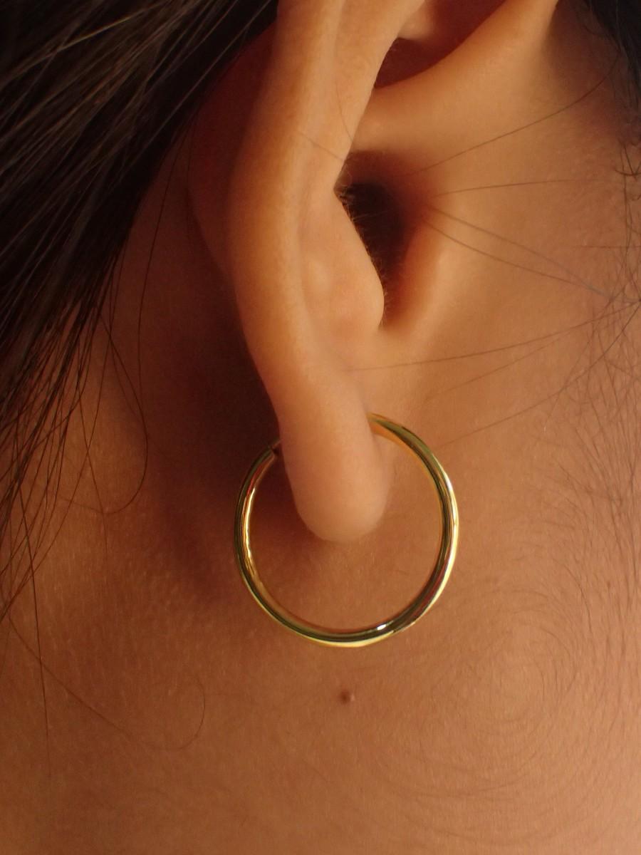 Hochzeit - 14k Solid Gold Hoop Earrings / 15MM Thin Endless Hoops / Minimalist Earring / Bridal Earring Gift for Her